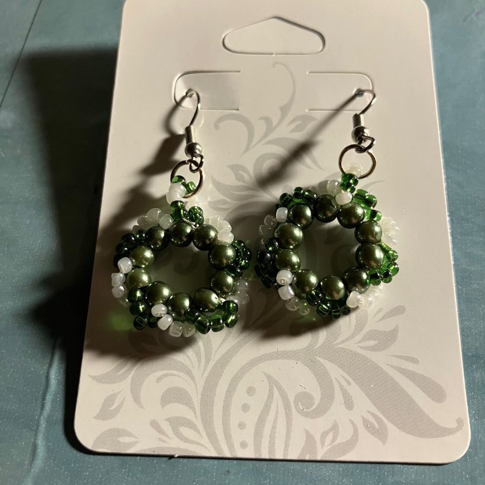 wreath earrings green and white